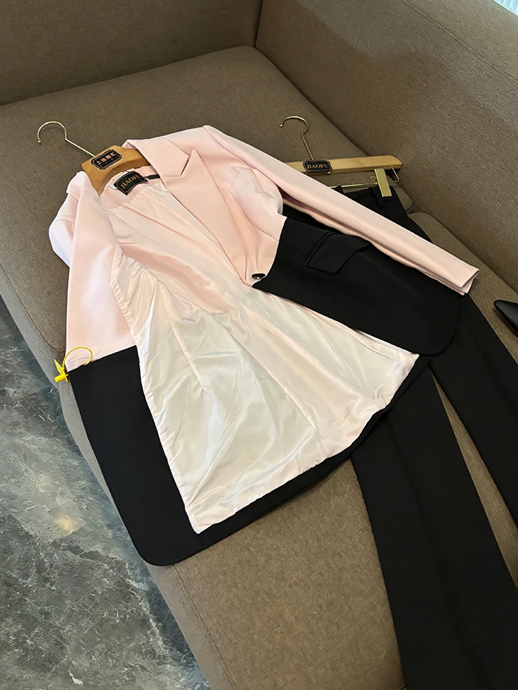 

Женский костюм Slim Fit Bla Pink Splicing Ele Sle OL Faionable Спецодежда Длинные брюки све Длинные брюки Зимний цвет...