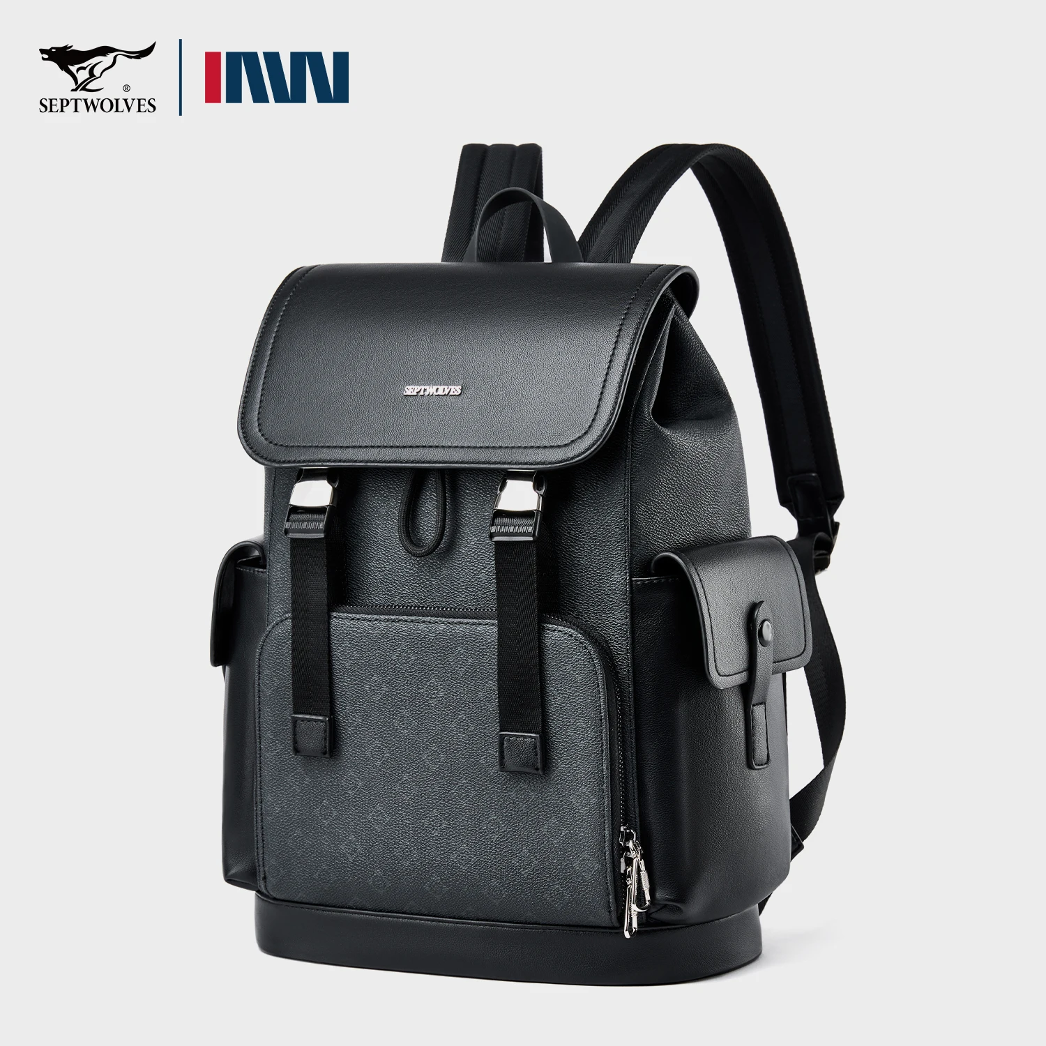 Septwolves Stylish Man Printed Leather Travel Backpack High Qualit Business Work Commuting Flip Print Monogram Laptop Backpack