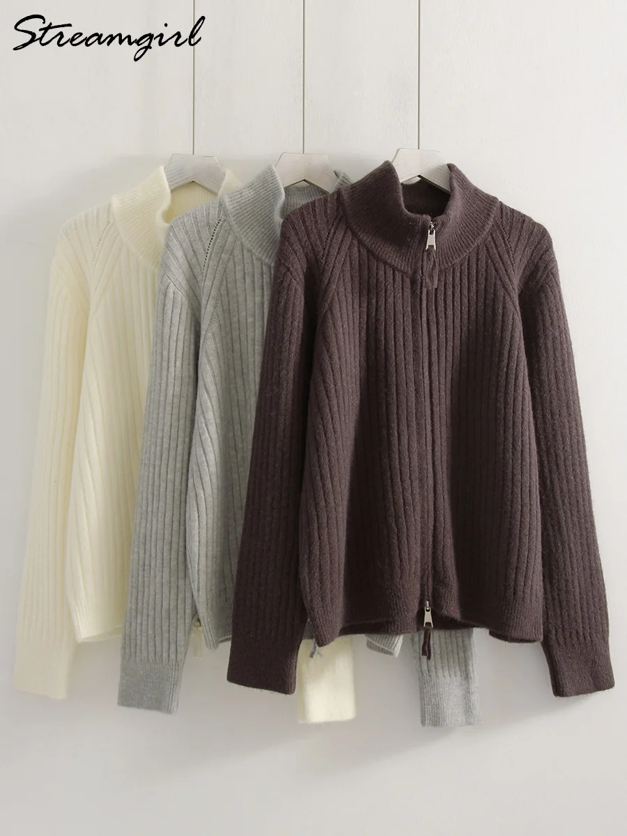 Women's Stand Collar Double Zipper Knitted Cardigan Autumn Winter Loose Oversized Sweater Jacket Casual Lazy Style Knitted Top