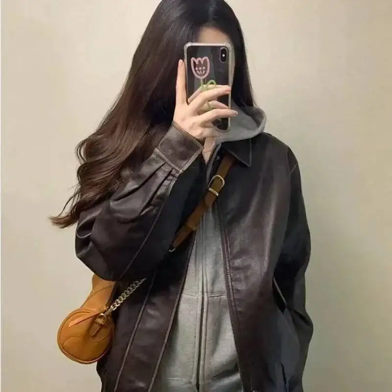 

Retro Brown Leather Jacket Women's Short Style Spring Autumn New Model Small Size Trendy Zipper Decorated Regular Type