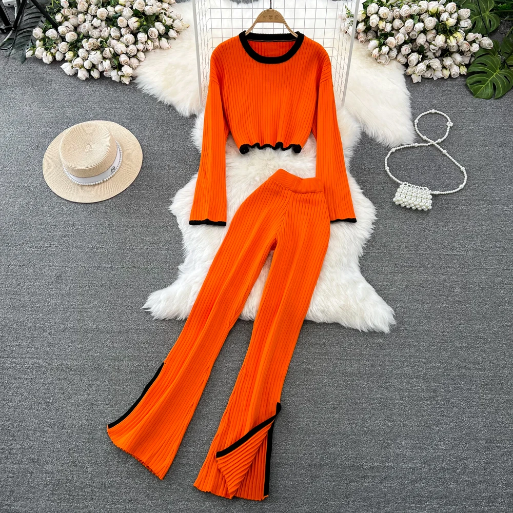 REALEFT Autumn Winter 2 Pieces Women\'s Sets Knitting Tracksuit O-Neck Short Sweater and Split Wide Leg Pants Pullover Suits 2024