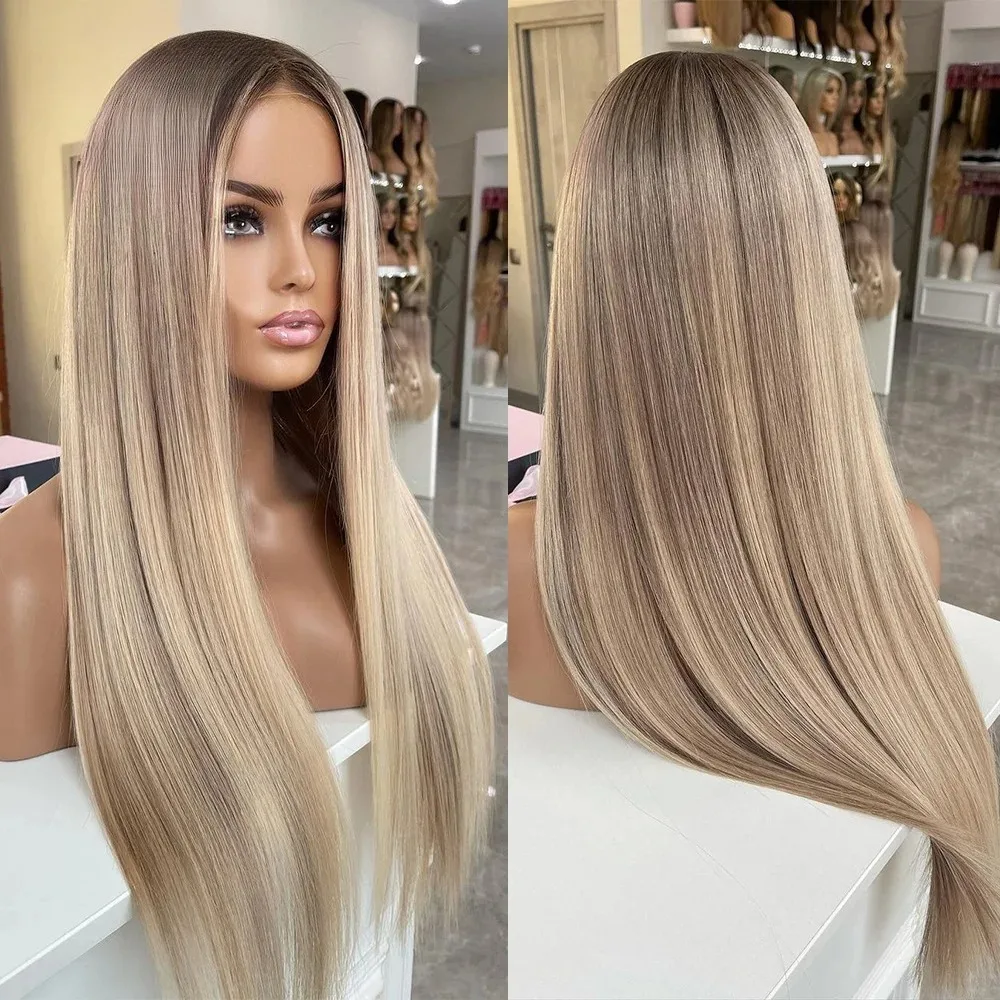 Wig Female Ombre Platinum Blonde with Ash Brown Roots Straight Natural Wig 13x4 HD Synthetic Fibre Full Wig HD Lace Daily Party