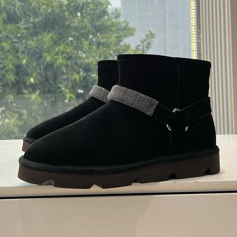 Cow Suede Flat Bottom Short Boots Women Round Toe String Bead Decor Snow Boots Winter Outwear Plush Lining Warm Ankle Boots