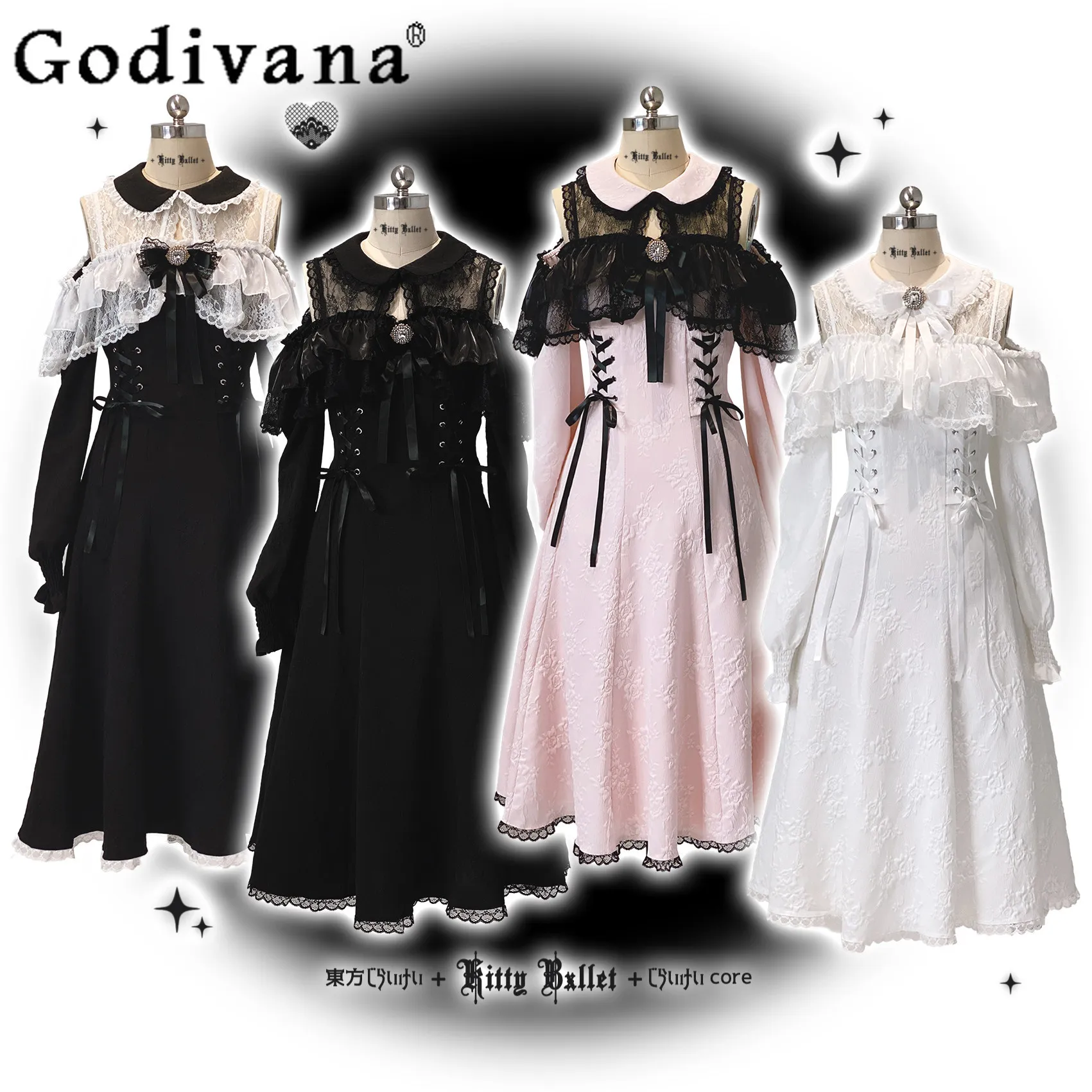 

Japanese Lolita Sweet Off-Shoulder Long Sleeve Dress for Women Spring Autumn High Waist Elegant Lace Long Sleeve Dress vestidos