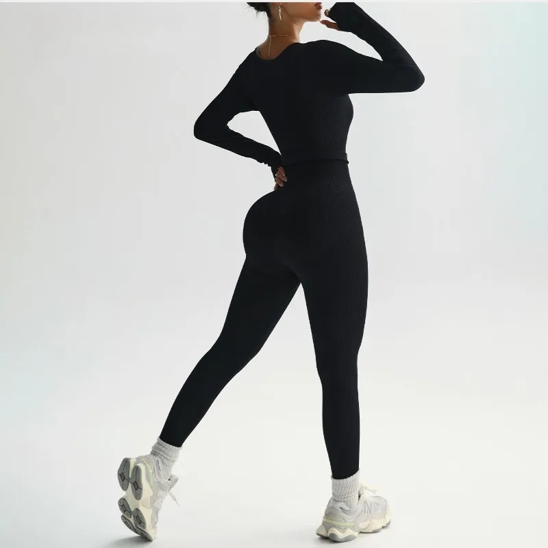 ZEMOREXMZ Black Longsleeve Jumpsuits Women Ribbed Gym Romper Sport Overalls Fitness Clothing One Piece Suits Workout Bodysuits