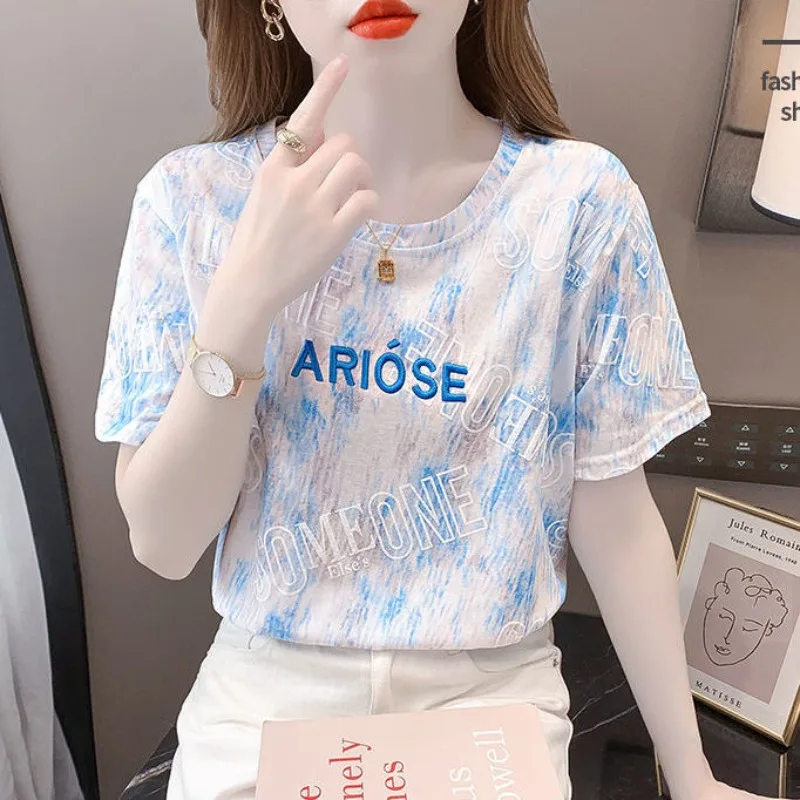 

Female Clothing Short Sleeve Round Neck T-shirt Women's Summer 2023 New Korean Fashion Loose Tees Pullover Letter Casual Tops