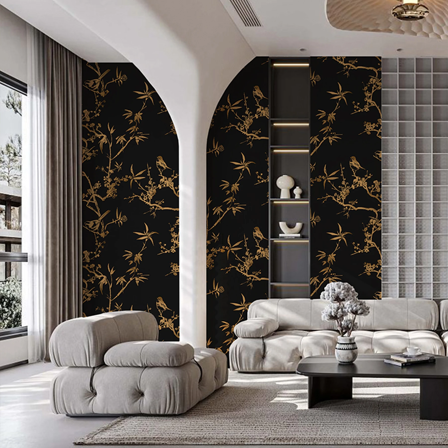 Gold Floral Trees Wallpaper Peel And Stick Gold And Black Vinyl Wall Decor Furniture Self Adhesive Waterproof Cabinet Sticker