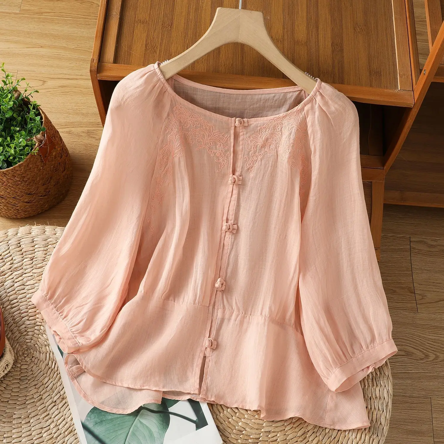 Summer Cotton Linen Women's Blouse Loose Button Tee O-Neck Thin Shirt Three-quarter Sleeve Top Solid Retro Chinese Tea Clothing