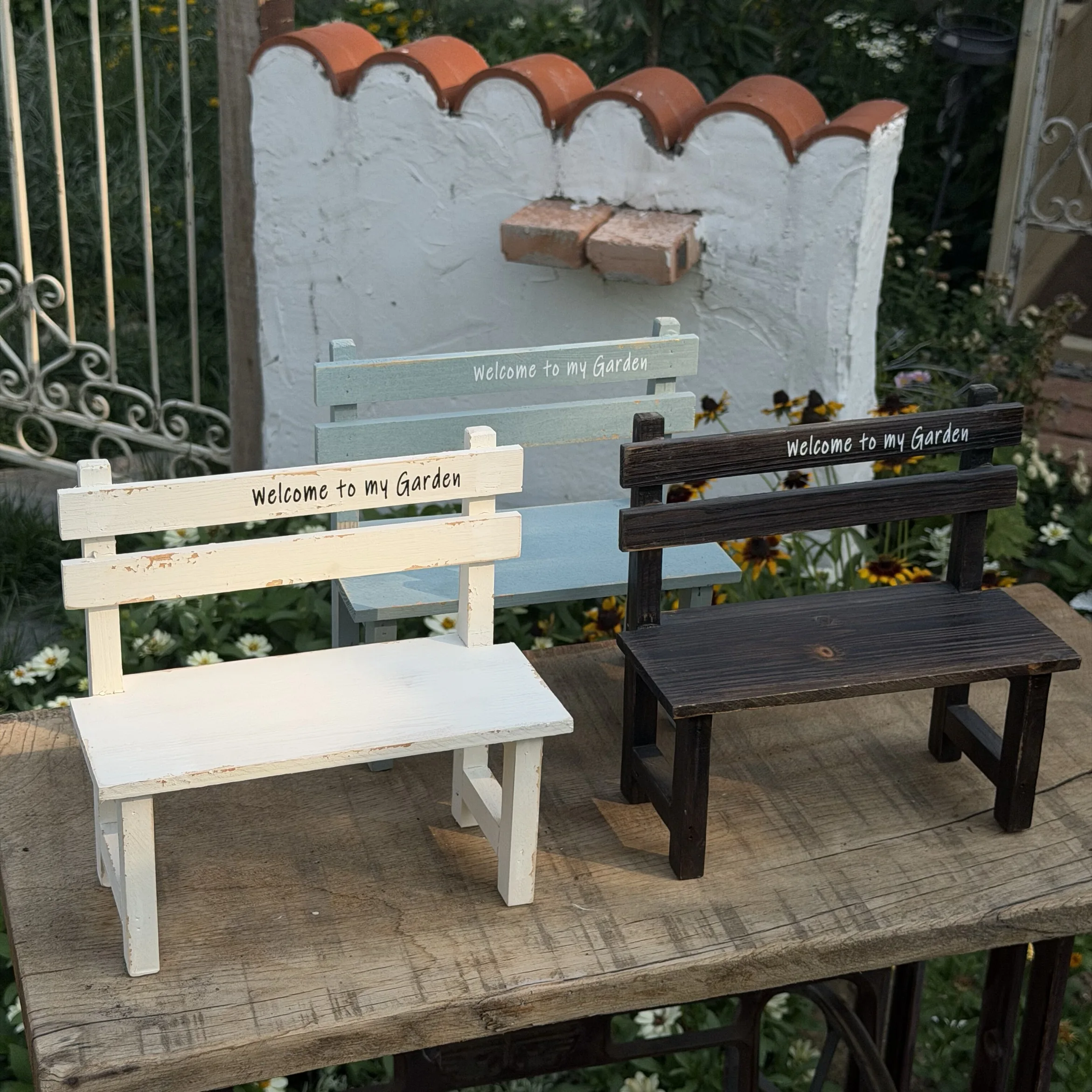 Mini Wooden Garden Bench Decor, Rustic Welcome to My Garden Small Bench Stool Ornament, Farmhouse Flower Stand Display, Tabletop