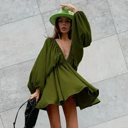 Office Sexy Low Cut Pleated Dresses Backless Lantern Sleeve 2024 Summer Dress Woman V-Neck High Waist Casual A-Line Green Dress