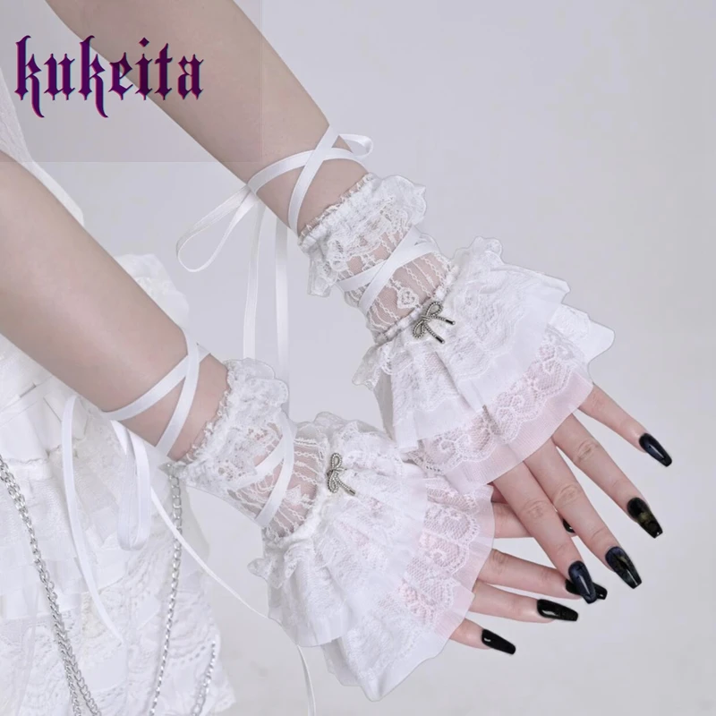 Japanese Sweet White Lace Glove Gothic Lolita Cosplay Bandage Bow Short Arm Sleeves Fingerless Gloves Women Clothing Accessories