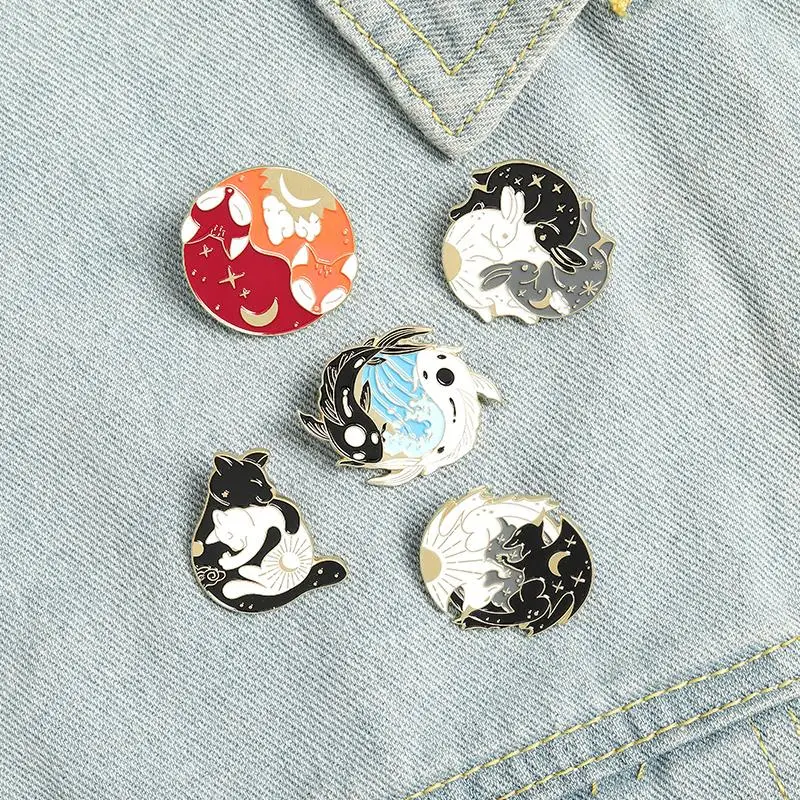 Day and Night Enamel Pins Custom Sun Moon Fox Koi Rabbit Bat Wolf Brooch Bag Clothes Lapel Pin Badge Starry Animal Jewelry Gift