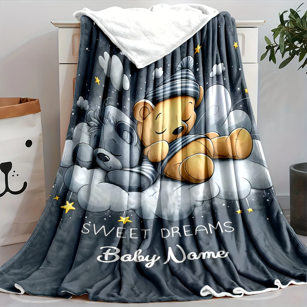 Personalized Baby Bear Blanket Sweet Dreams Cartoon Teddy Sleeping On Clouds Custom Name Soft Fleece Throw Gift For Newborn