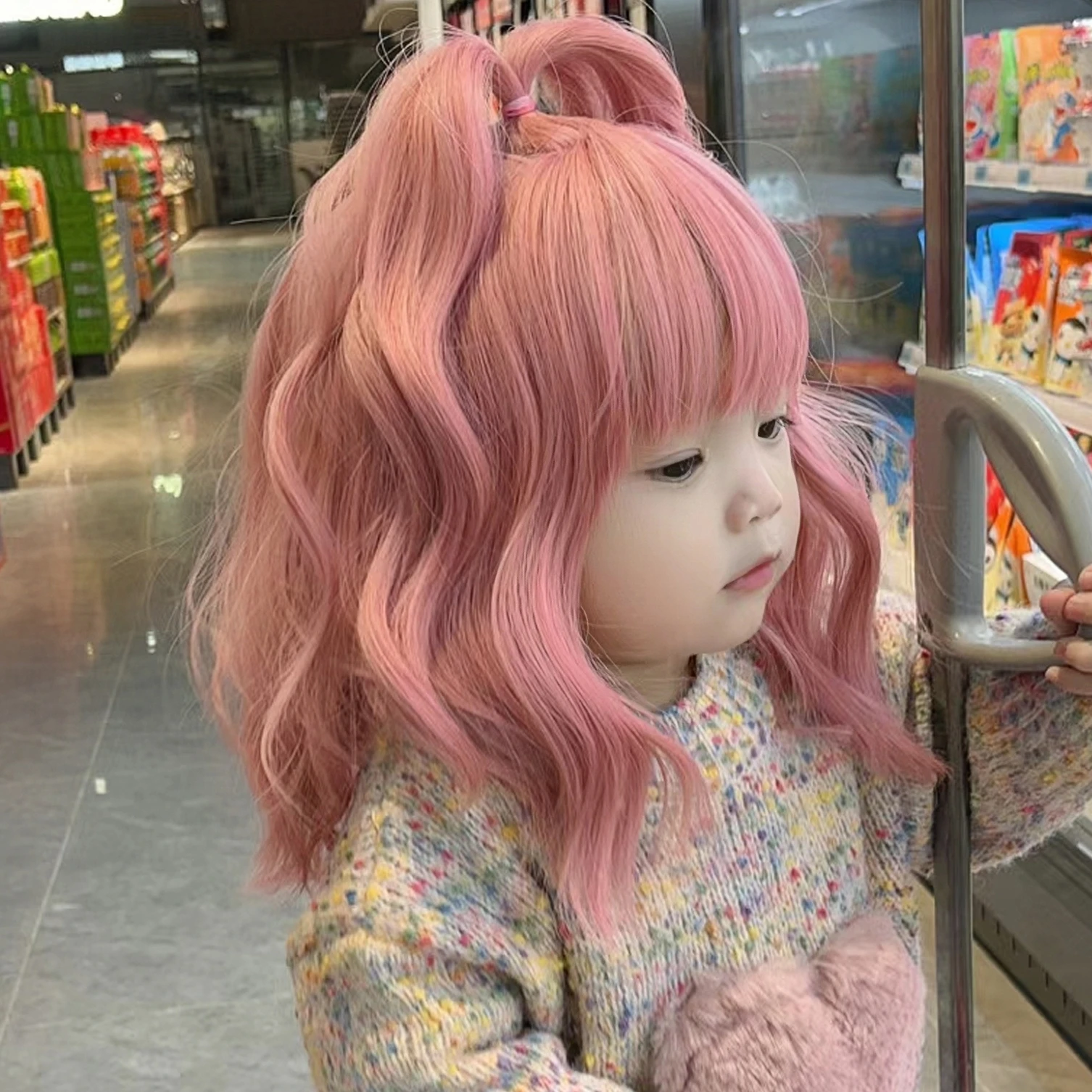 Children\'s Wig Girl Pink Medium Length Curly Hair Baby Bubble Face Hairstyle Baby Cute Reborn Doll Accessories Kids Head Cover