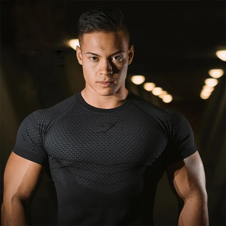 Muscle fitness exercise outdoor running elastic tight fitting quick drying clothes round neck short sleeved T-shirt