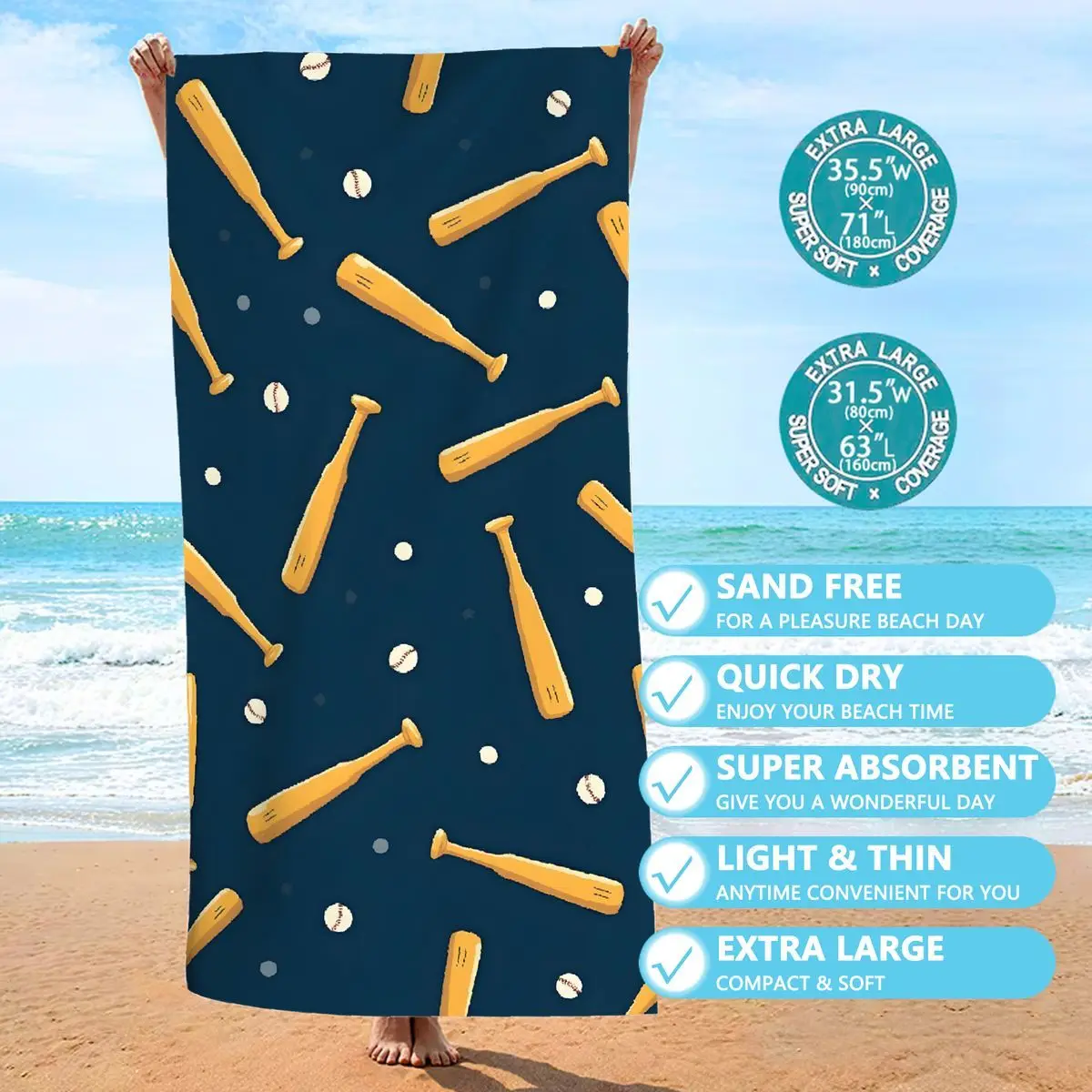 منشفة شاطئ كبيرة جدًا من الألياف الدقيقة - سريعة الجفاف وخفيفة الوزن وخالية من الرمال وناعمة وخالية من الرائحة مع تصميم غرزة البيسبول - مثالية لـ #2