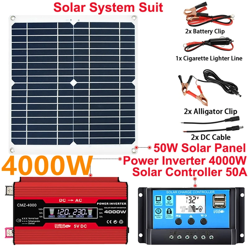 

4000W Solar Power System Kit Modified Sine Wave Car Power Inverter 12V to 110/220V + Solar Panel 50W/18V + Solar Controller 50A