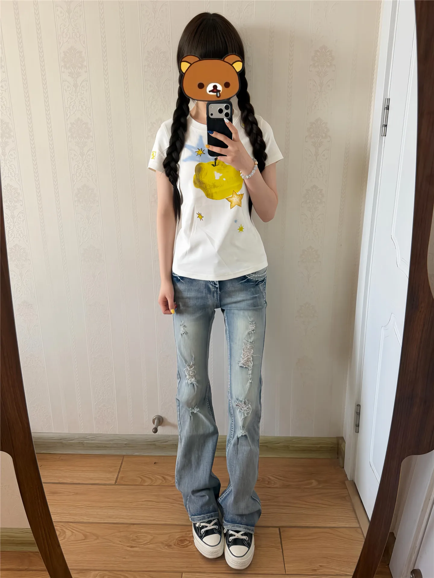 

Retro Spicy Girl Style Distressed Micro Flare Denim Jeans Women's Summer Slimming Long Hole Low Waist Pants American Style So...