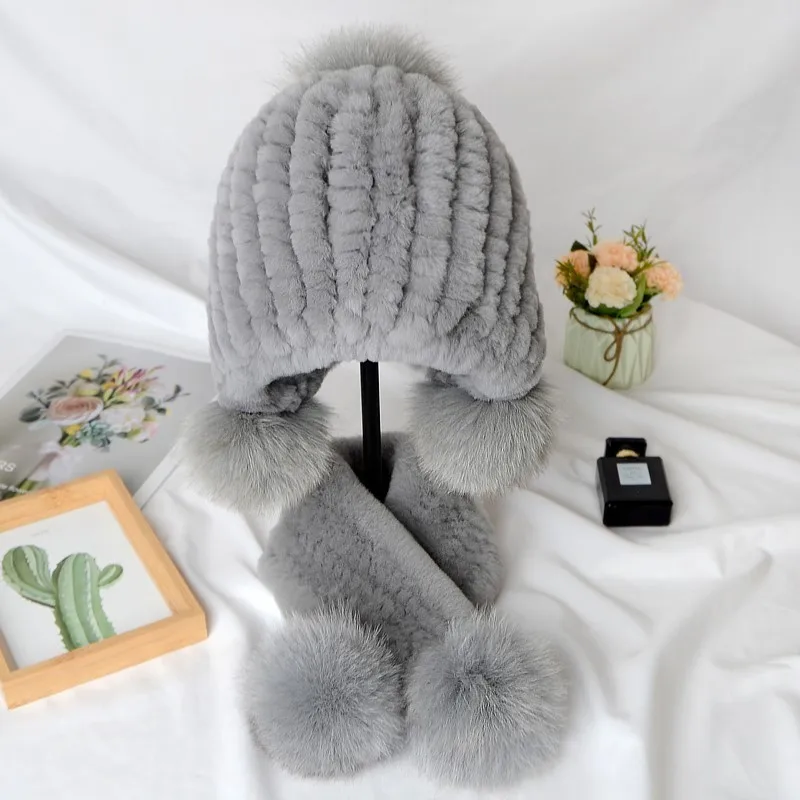 الأطفال الشتاء الدفء ريال ريكس أرنب الفراء قبعة وشاح مجموعات الفتيان والفتيات محبوك سميكة 100% ريال ريكس أرنب الفراء قبعة الأوشحة #1