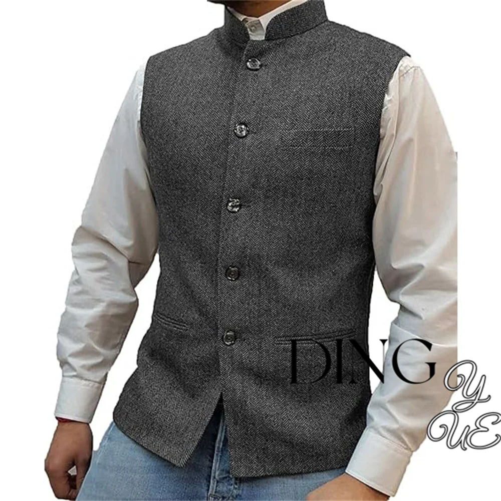 

Mens Herringbone Wool Vests Suit Business Tweed High Collar Waistcoats Slim Fit Dark Gray Men Suit Vest