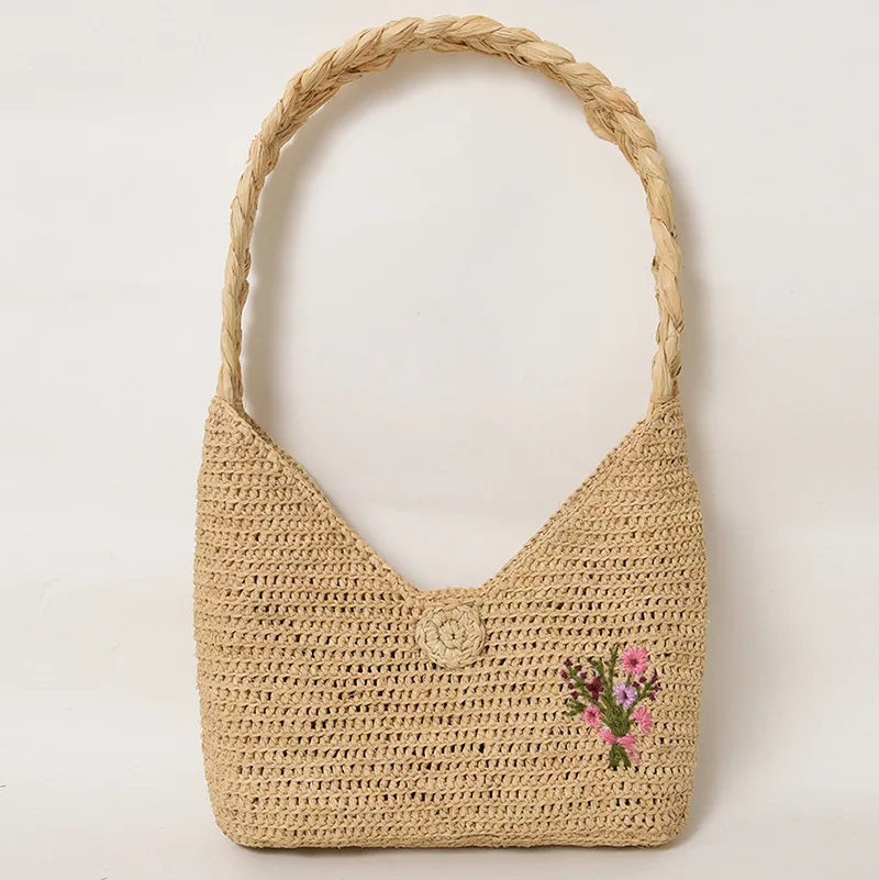 Fashion Flower Embroidered Raffia Women Shoulder Bags Handmade Woven Straw Handbag Casual Summer Beach Bag Small Tote Bali Purse