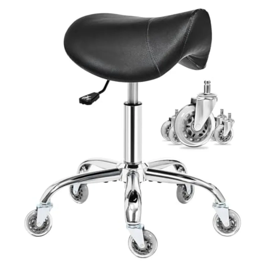 

Saddle Stool with Wheels, Ergonomic Contoured Seat, Thick Cushioned PU Leather Swivel Saddle Chair with Adjustable Height for A