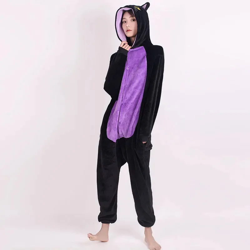 

2025 New Halloween New Black Cat Kigurumi Onesie Animal Halloween Costume Winter Flannel Plush One Piece Pajamas Cosplay Jumpsui