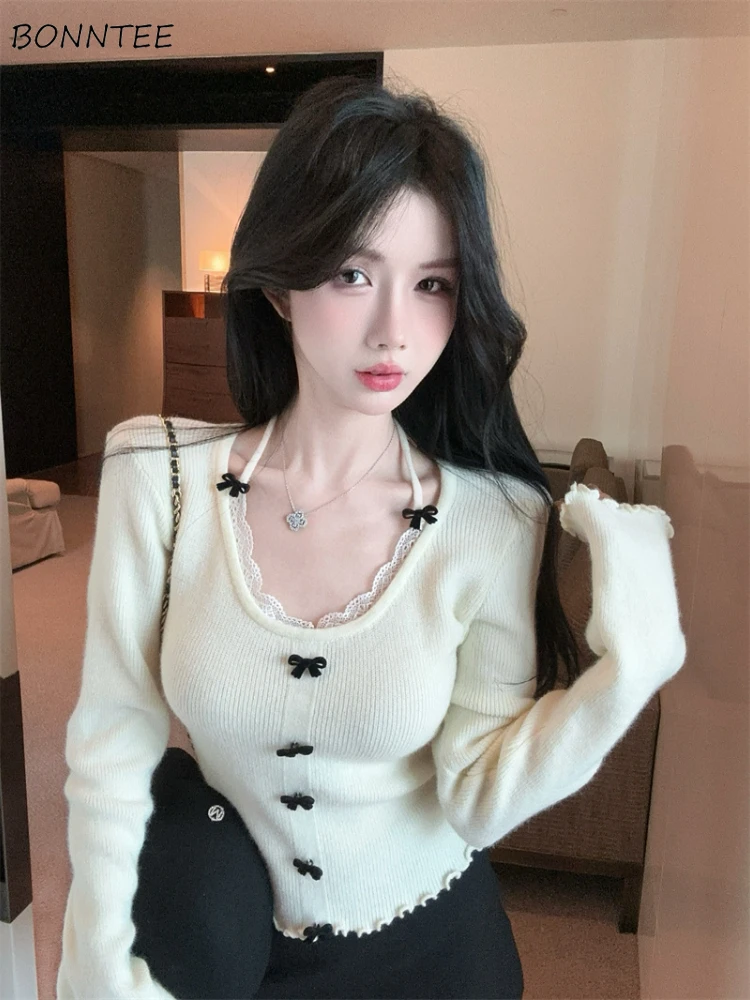 Skinny T-shirts Women Lace Patchwork Fake Two Pieces Designed Gentle Aesthetic Y2k Tops Elegant All-match Bow Korean Fashion