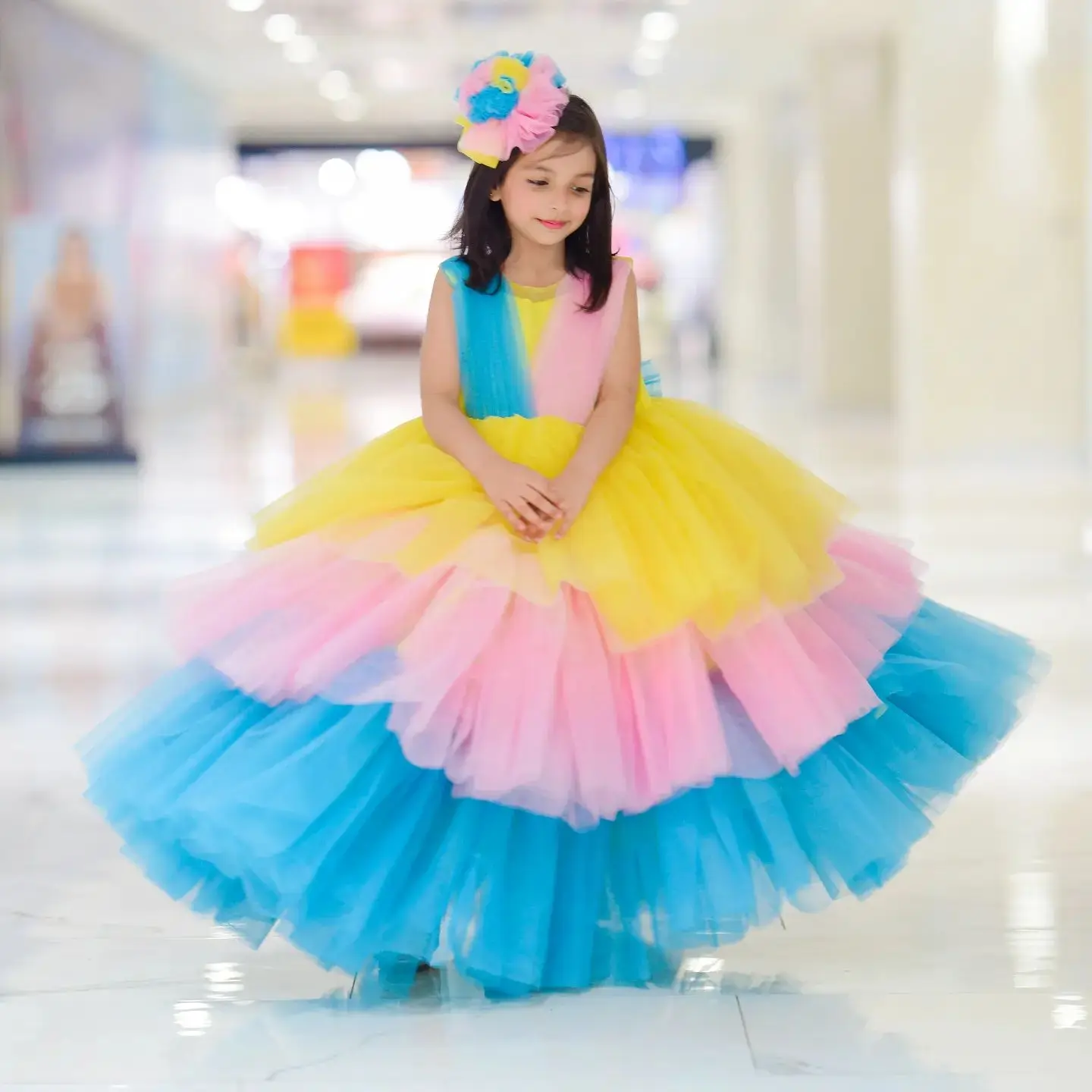 Rainbow Gradient Tulle Flower Girl Dress sleeveless Ruffles Ball Wedding Dresses Bow Back Girls Birthday  Communion Gowns