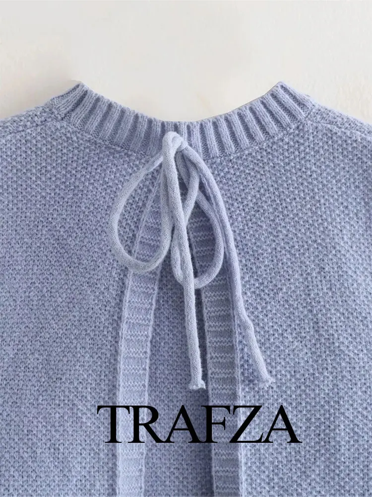 TRAFZA Spring Women\'s Knitted Backless Tie Short Knitted Top Retro Round Neck Sleeveless Solid Color Women\'s Casual Street Vest