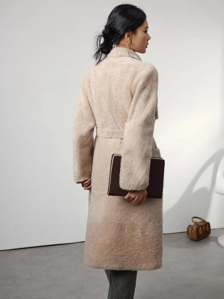 High-end Luxury Natural Lacon Lamb Fur Long Winter Jackets for Women Simple Fluffy Warm Genuine Leather Real Fur Coat with Belt