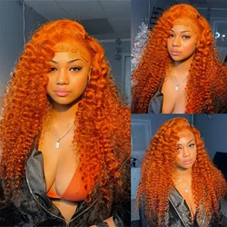 350#Ginger Orange Deep Wave Frontal Wig Transparent 13x6 Curly Hd Front Human Hair Wigs Curly Hair 13x4 Lace Frontal Wig Colored