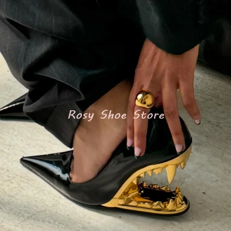 Women's Glossy Patent Leather Strange Style Heel Pumps Pointed Toe Slip On High Heel Street Weird Style Catwalk Shoes