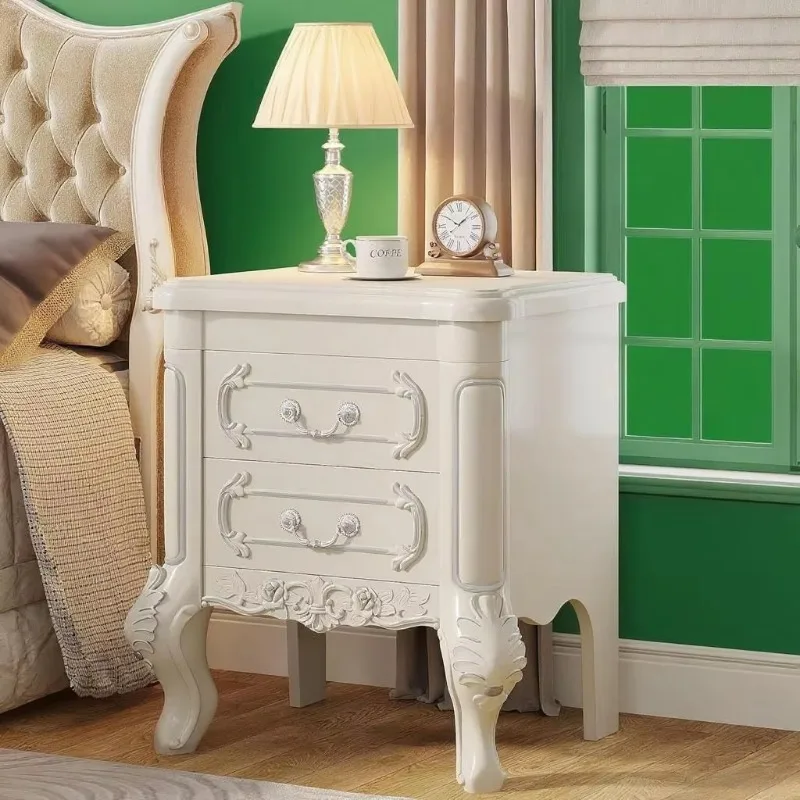Classic white bedside table with storage: a soft creamy white finish combined with a delicate wood carving pattern