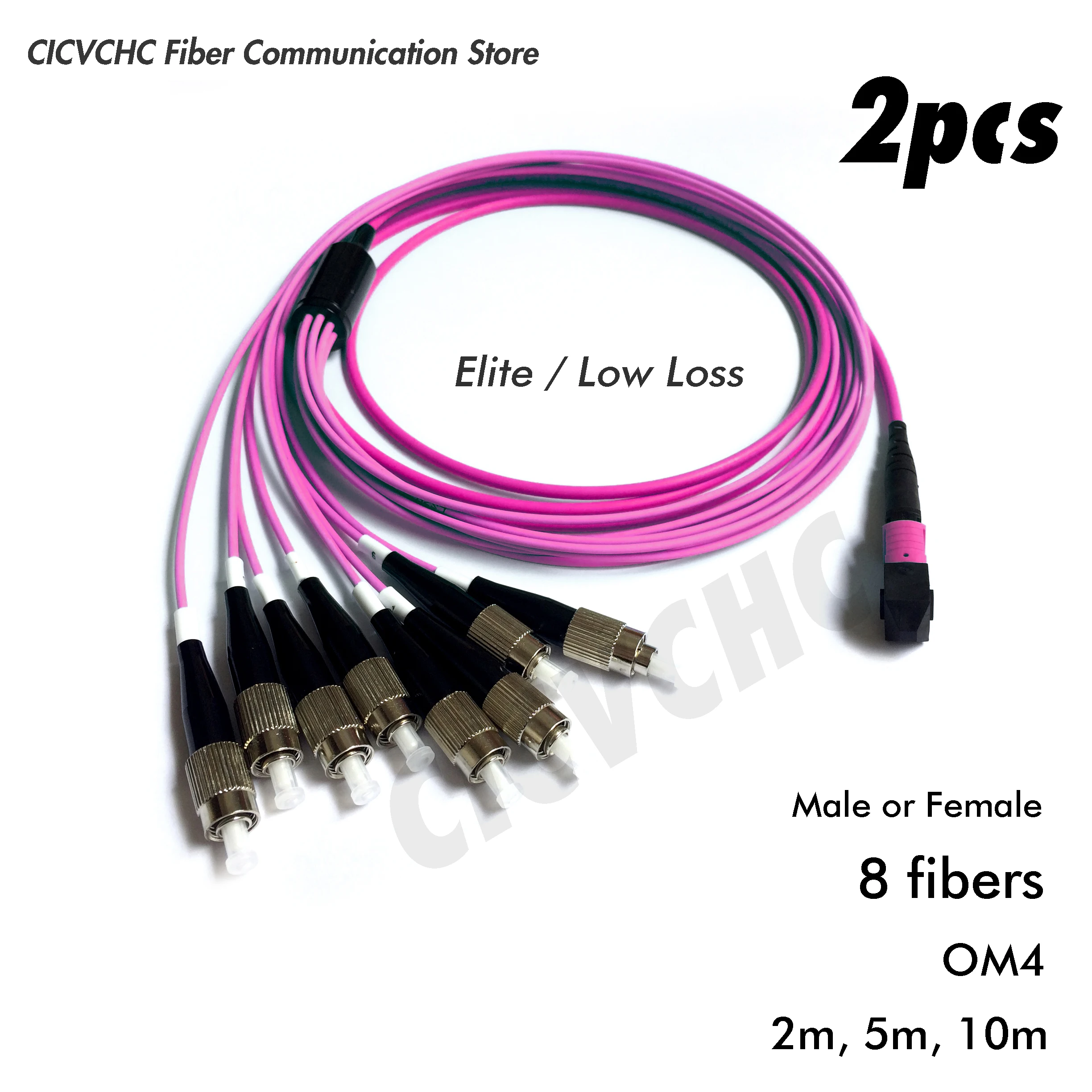 2pcs 12 fibers MPO/UPC Fanout FC/UPC, OM4 Elite Low loss Male, Female, 2.0mm cable, MPO Assembly