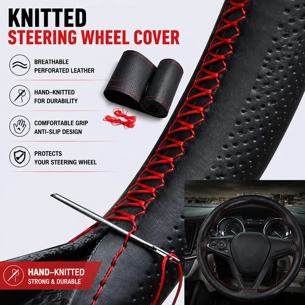 Hand Sew Braided Faux Leather Steering Wheel Wrap DIY Stitch Steering Complete Needle Thread Set Car Steering Protective Cover