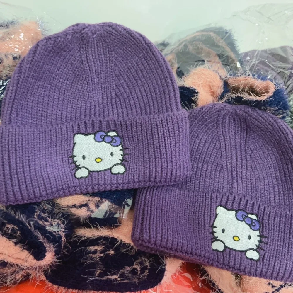 Miniso Hello Kitty Knitted Hat Cute Purple Embroidered Elastic Warm Hoodie New Autumn Winter Dopamine Plush Knitted Hat