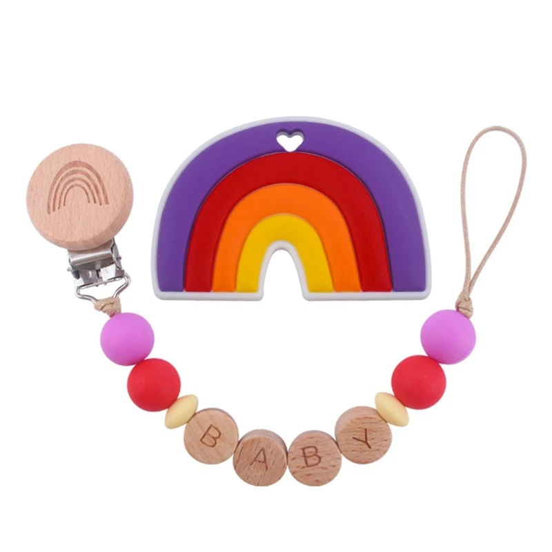 2 Pcs Baby Pacifier Chain Clip Rainbow Teether Set Newborn Nipple Clip Holder Silicone Teething Soother Molar Infant