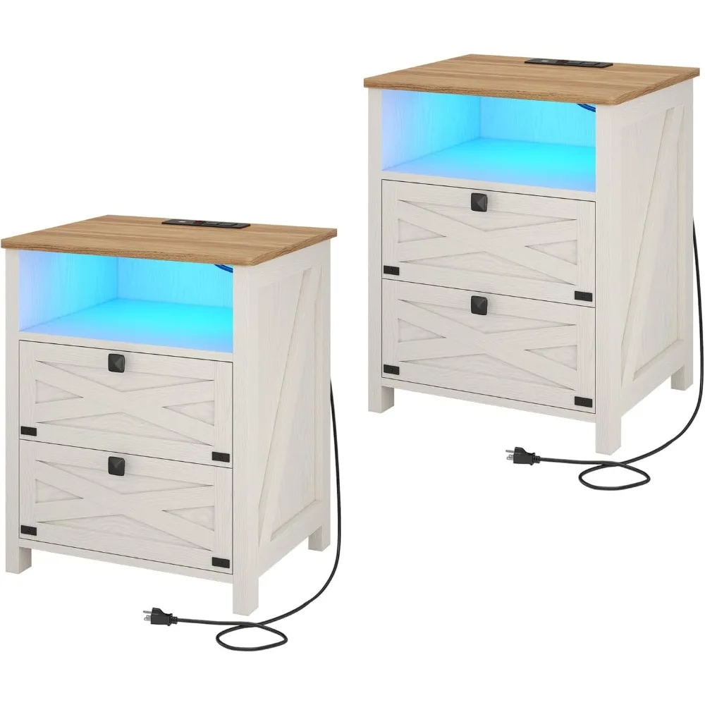 Rustic White Dual Nightstand Set for Bedrooms with Charging Station and LED Lighting