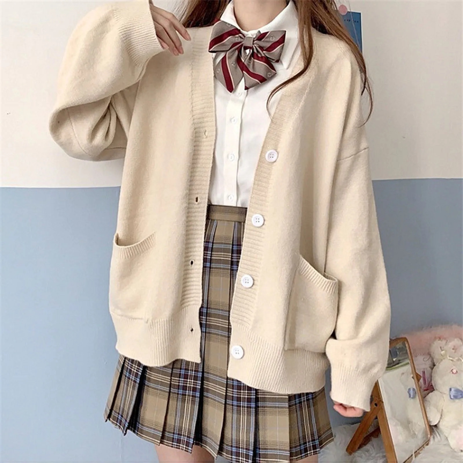 Womens Japanese Cute Knitted Cardigan Sweater Cosplay Long Sleeve Button Down School Jacket Womens Cardigan Preppy Style