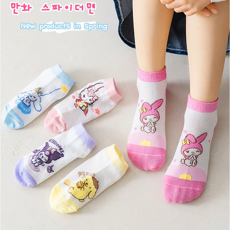 5 Pairs /lot Hello Kitty Cotton Socks Anime Sanrio Kuromi Summer Breathable Mesh Socks Cinnamoroll Cartoon Socks Children 1-12Y