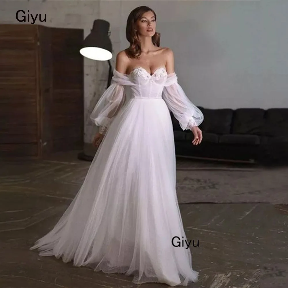 Giyu Fairy Lace Followers Wedding Dress For Woman Sweetheart Collar A-line Tulle Floor-length Vestidos Novias Boda Bridal Gown