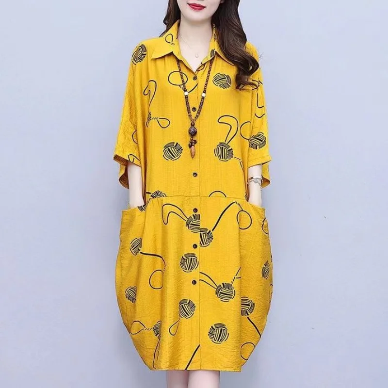 

Street Casual Printing Cardigan Summer New Polo Neck Half Sleeve Plus Size Loose Shirt Skirt Vintage Fashion Women Clothing