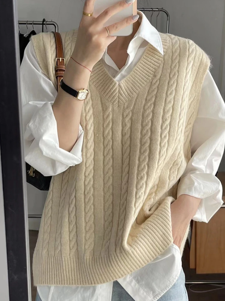 Traf Sweater Cardigan Sleeveless Women Top Solid Sweater Knitted Vest Commuter Style Clothes Preppy Look Autumn Winter Woolly