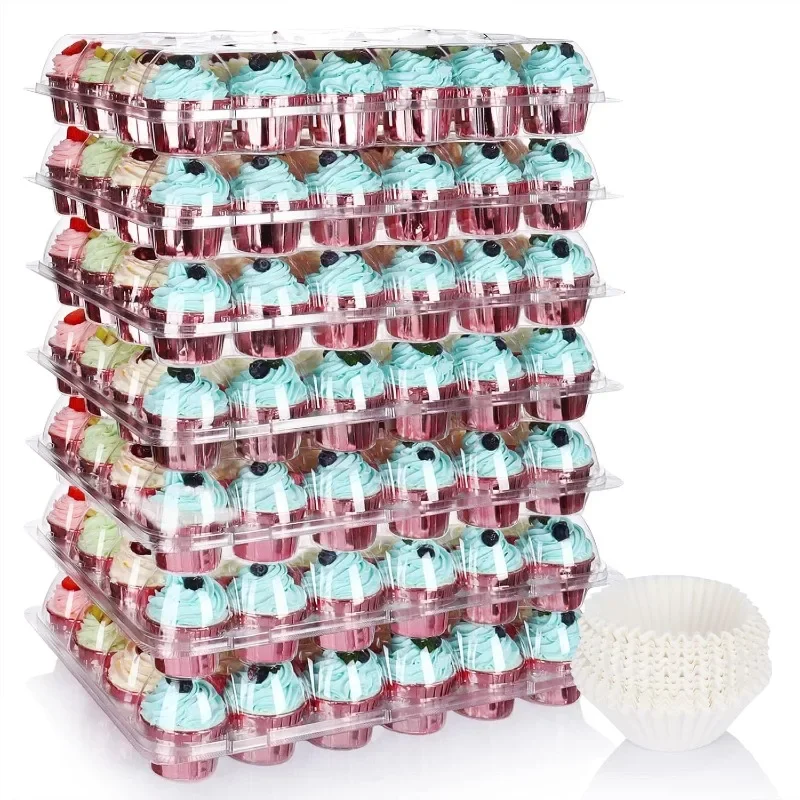 (24 Pack x 7 Sets) Stackable Cupcake Carrier Holders with 168 Pack Cupcake Liners, Plastic Boxes for 24 Cupcakes