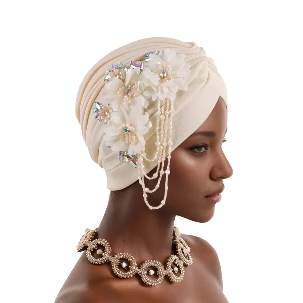2026 Flower Rhinestone Turban Cap for Women Afrcian Geles Headtie Ready Nigeria Auto Gele Female Head Wraps Bonnet Turbante New