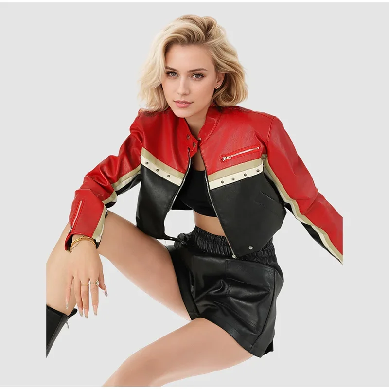 Farbblock-Kontrast-Reißverschlussjacke mit Revers und langen Ärmeln für Damen, kurz geschnitten, tailliert, PU-Obermaterial, ausgefallene, lässige, vielseitige Streetwear-Jacke – Detail 5