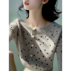 Office Lady Okrągły dekolt Polka Dot Sweter z długim rękawem Dzianinowy gwint Odzież damska Casual Jesień Zima Tops