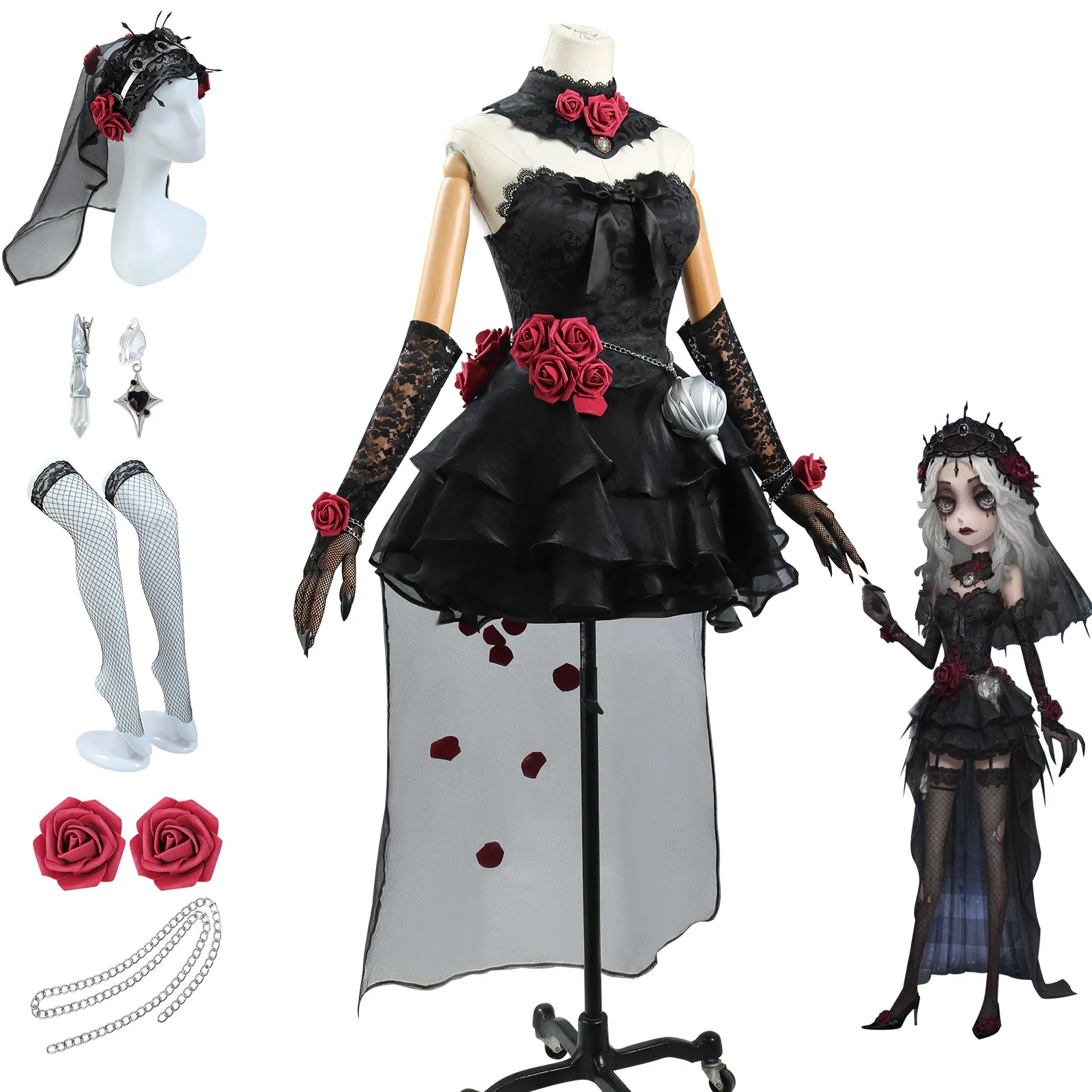 IDV 심리학자 코스프레 블랙 레이스 Ideneity V 심리학자 블랙 드레스 여성 고딕 민소매 의상 코스프레 할로윈