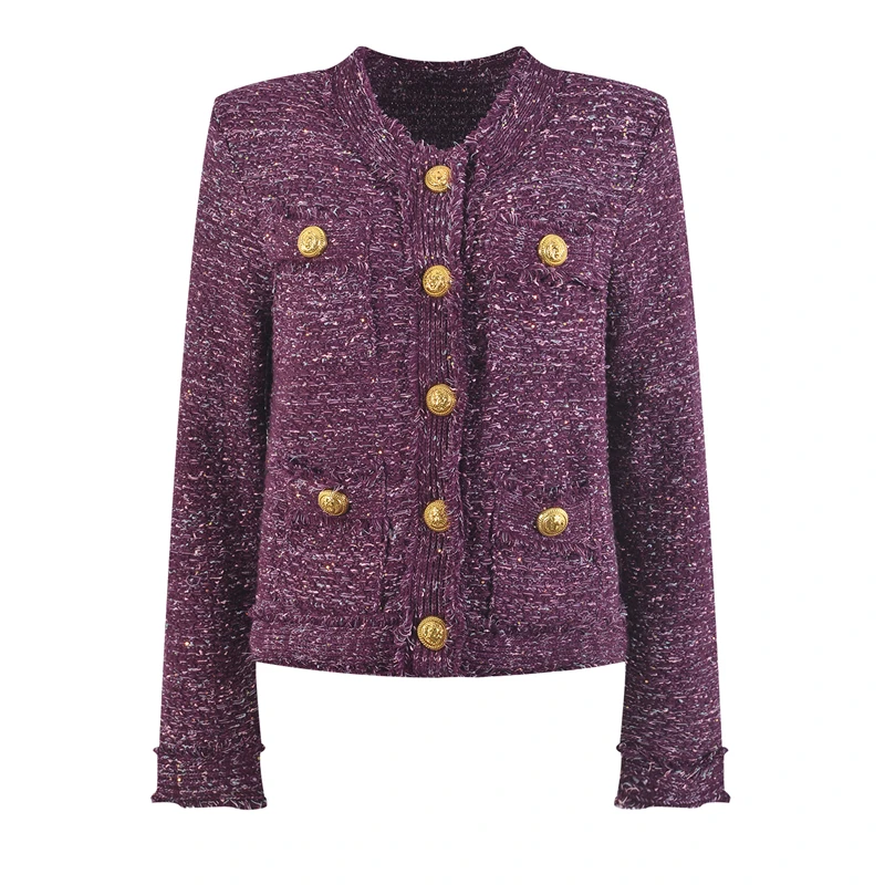 Women's Cropped Tweed Jacket, O-Neck, Buttons Fastening, Solid, High Street, Fashionable, Design, Trendy, Stylish, Chic, New